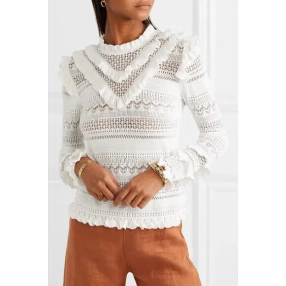ULLA JOHNSONSKnit Ruffle Sweater Top Crochet Pullover Lace Eyelet Women's